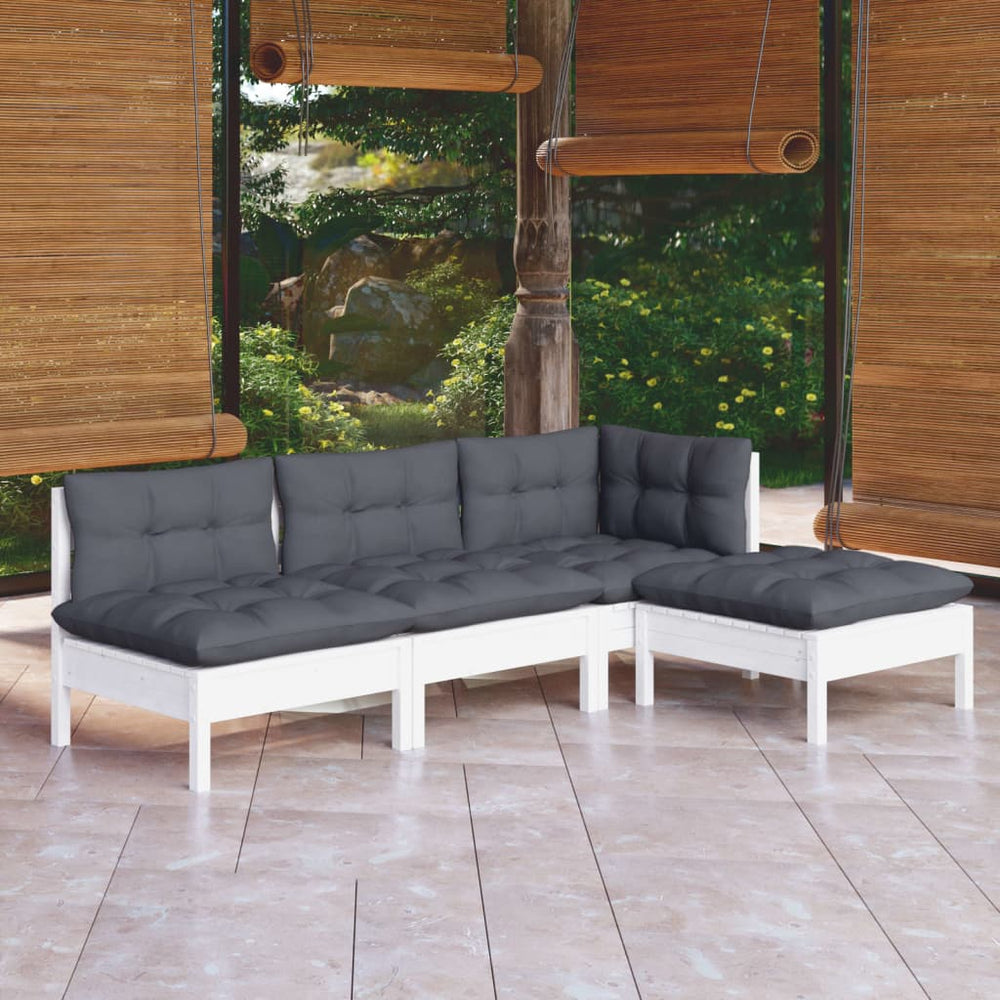 vidaXL Salon de jardin 4 pcs avec coussins Blanc Bois de pin