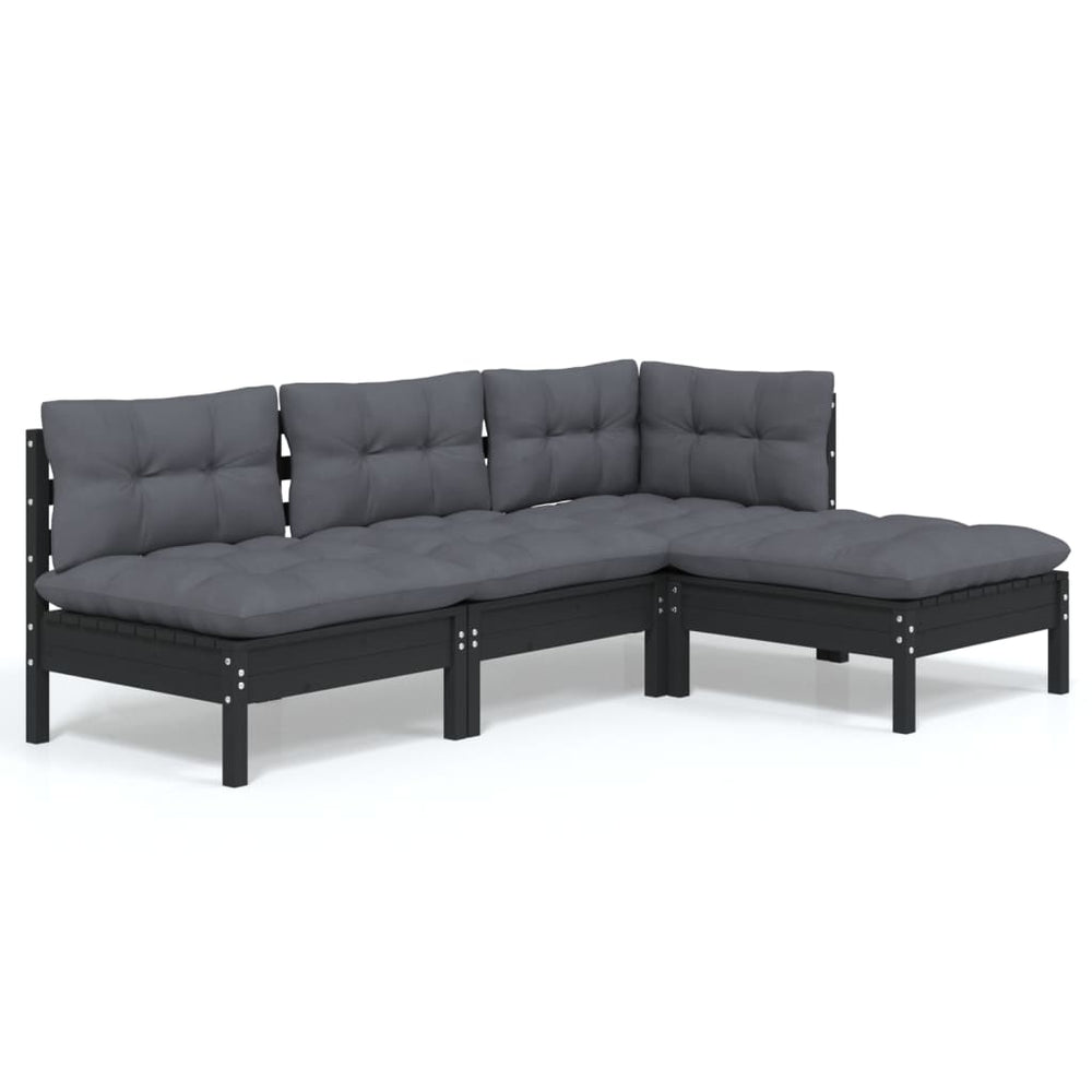 vidaXL Salon de jardin 4 pcs avec coussins Noir Bois de pin