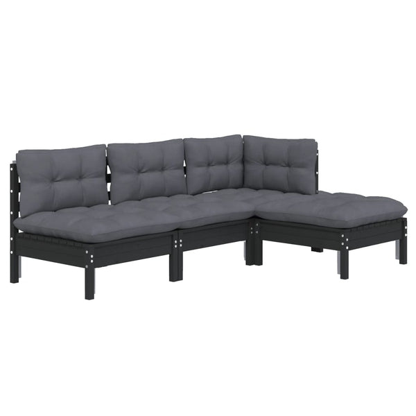 4-tlg. Garten-Lounge-Set mit Kissen Schwarz Kiefernholz