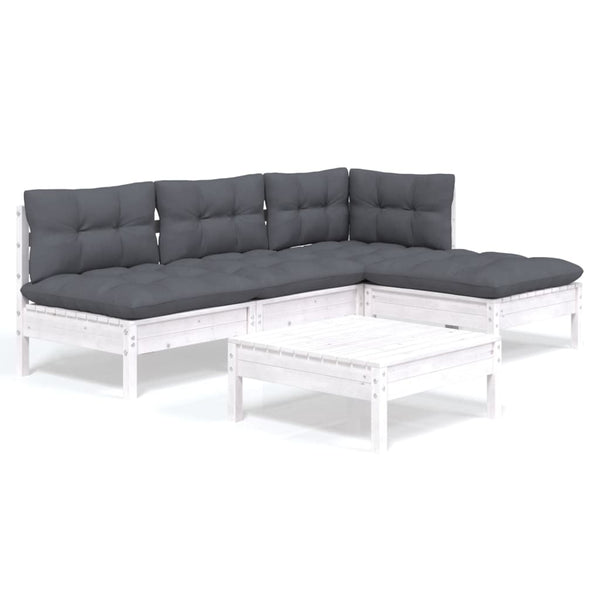 5-tlg. Garten-Lounge-Set mit Kissen Weiß Kiefernholz