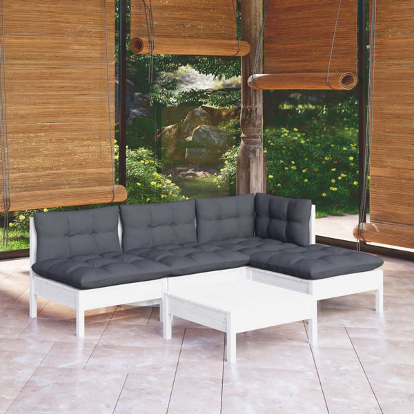 5-tlg. Garten-Lounge-Set mit Kissen Weiß Kiefernholz