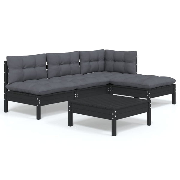 5-tlg. Garten-Lounge-Set mit Kissen Schwarz Kiefernholz