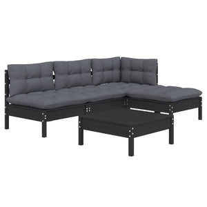 5-tlg. Garten-Lounge-Set mit Kissen Schwarz Kiefernholz