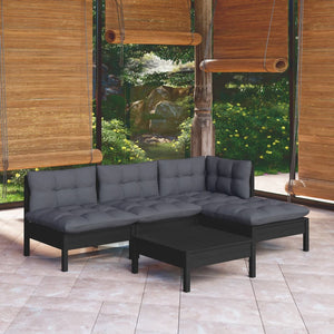 5-tlg. Garten-Lounge-Set mit Kissen Schwarz Kiefernholz