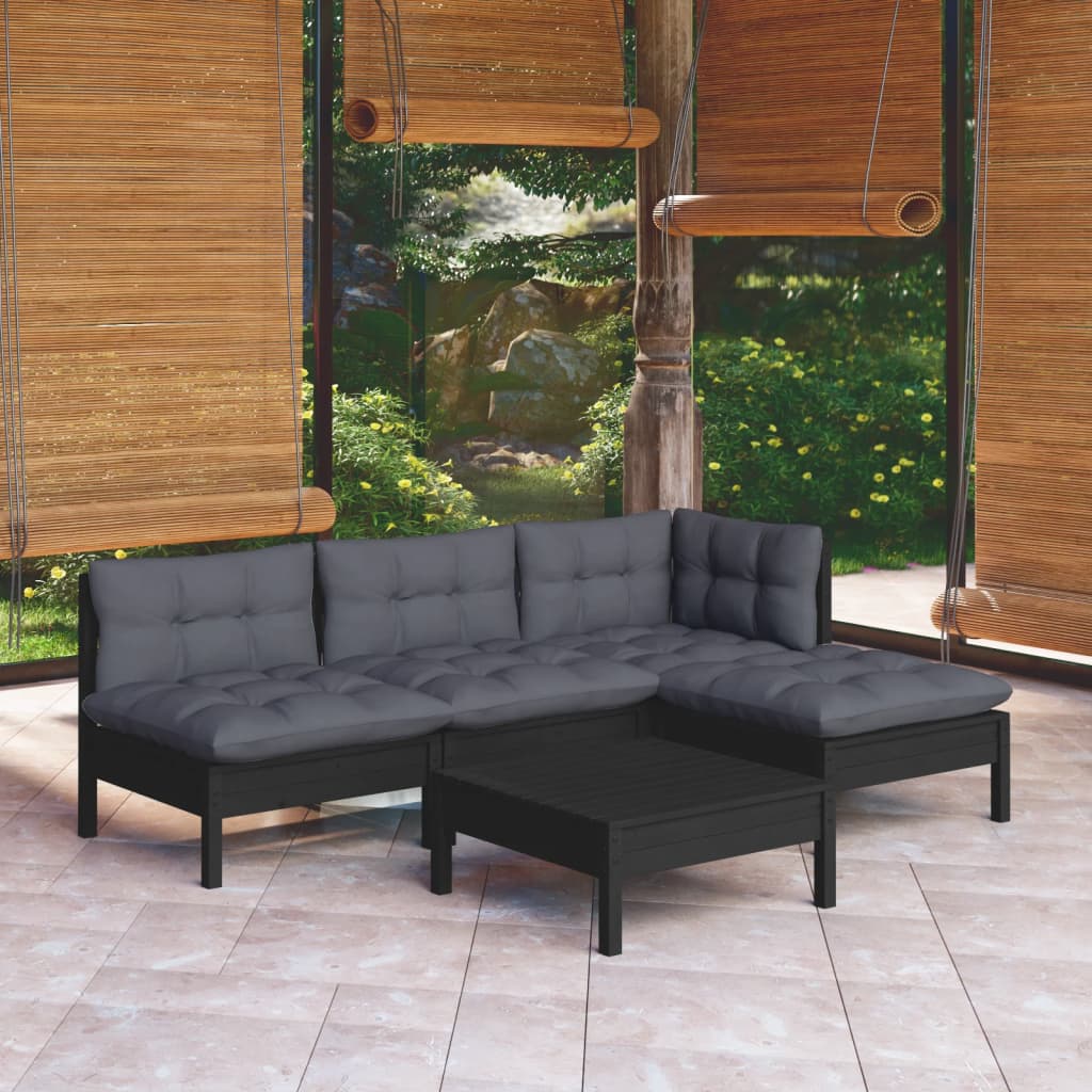 5-tlg. Garten-Lounge-Set mit Kissen Schwarz Kiefernholz