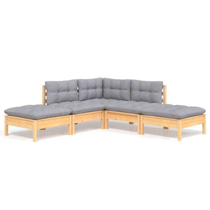 5-tlg. Garten-Lounge-Set mit Grauen Kissen Kiefernholz