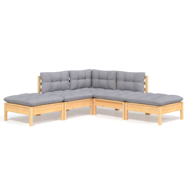 5-tlg. Garten-Lounge-Set mit Grauen Kissen Kiefernholz