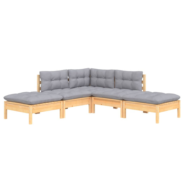 5-tlg. Garten-Lounge-Set mit Grauen Kissen Kiefernholz
