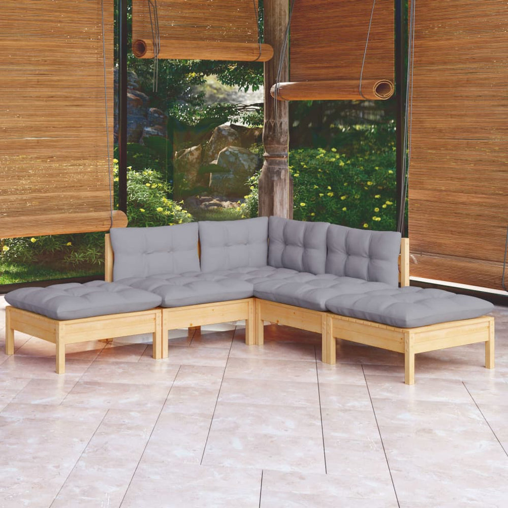vidaXL Salon de jardin 5 pièces avec coussins gris en bois de pin