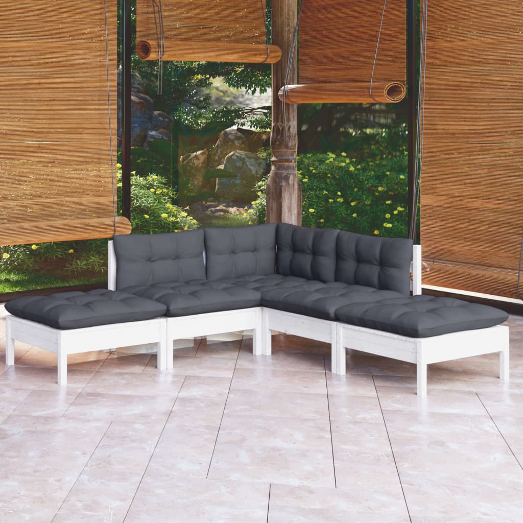 5-tlg. Garten-Lounge-Set mit Kissen Weiß Kiefernholz