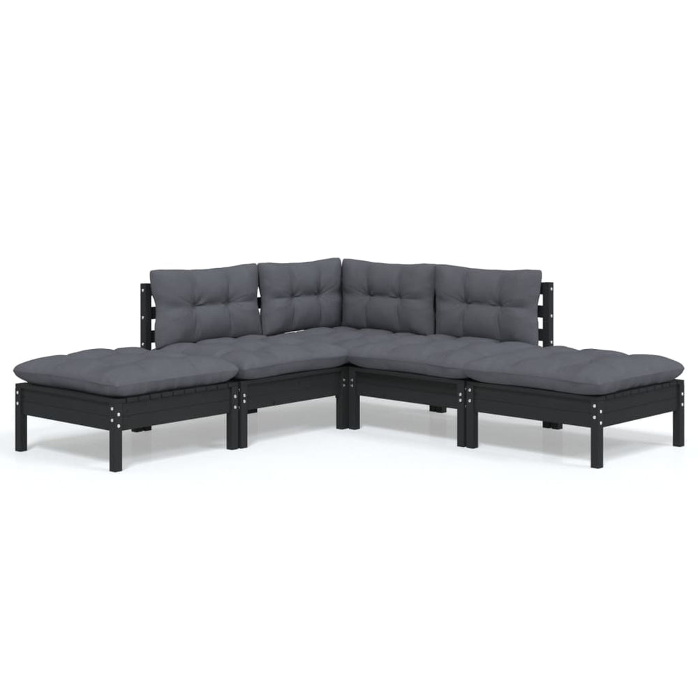 vidaXL Salon de jardin 5 pcs avec coussins Noir Bois de pin