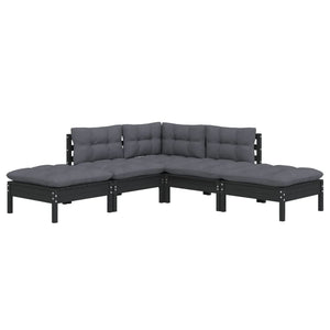 5-tlg. Garten-Lounge-Set mit Kissen Schwarz Kiefernholz