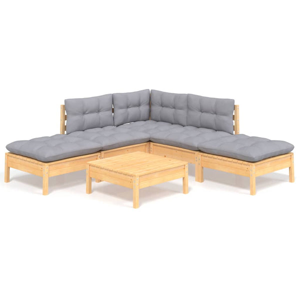 6-tlg. Garten-Lounge-Set mit Grauen Kissen Kiefernholz