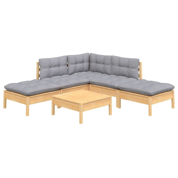 6-tlg. Garten-Lounge-Set mit Grauen Kissen Kiefernholz