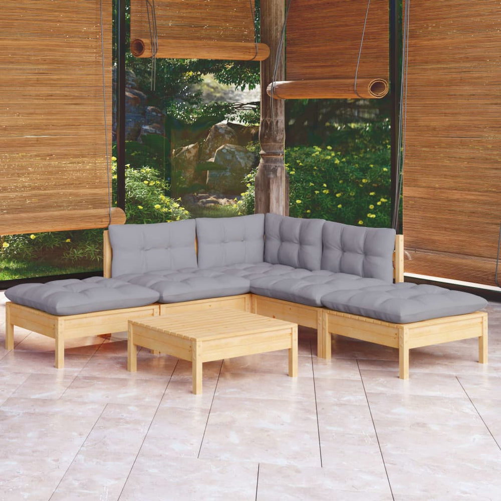 vidaXL Salon de jardin 6 pcs avec coussins gris Bois de pin