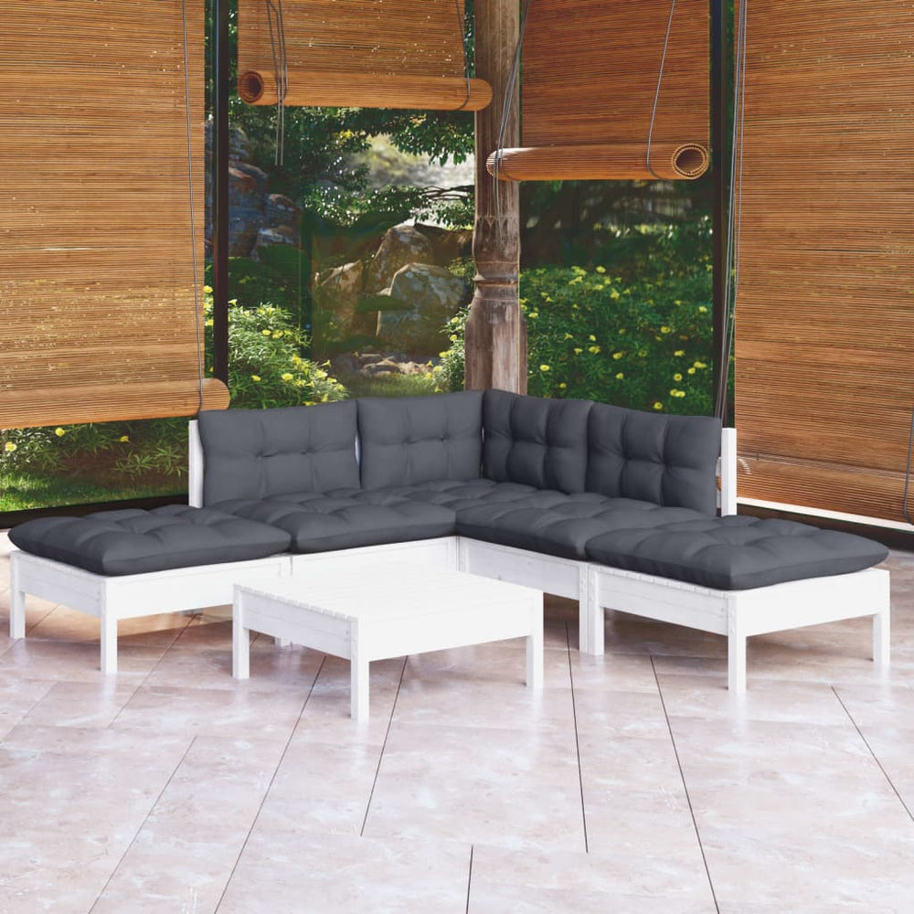 vidaXL Salon de jardin 6 pcs avec coussins Bois de pin Blanc