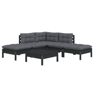 6-tlg. Garten-Lounge-Set mit Kissen Schwarz Kiefernholz
