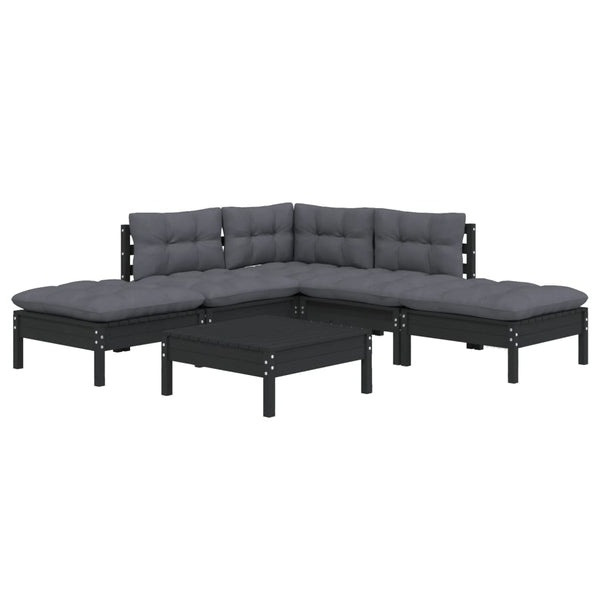 6-tlg. Garten-Lounge-Set mit Kissen Schwarz Kiefernholz