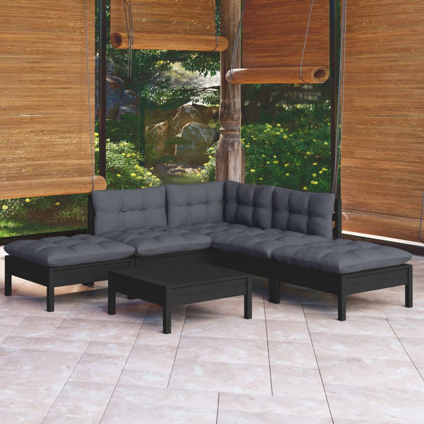 6-tlg. Garten-Lounge-Set mit Kissen Schwarz Kiefernholz