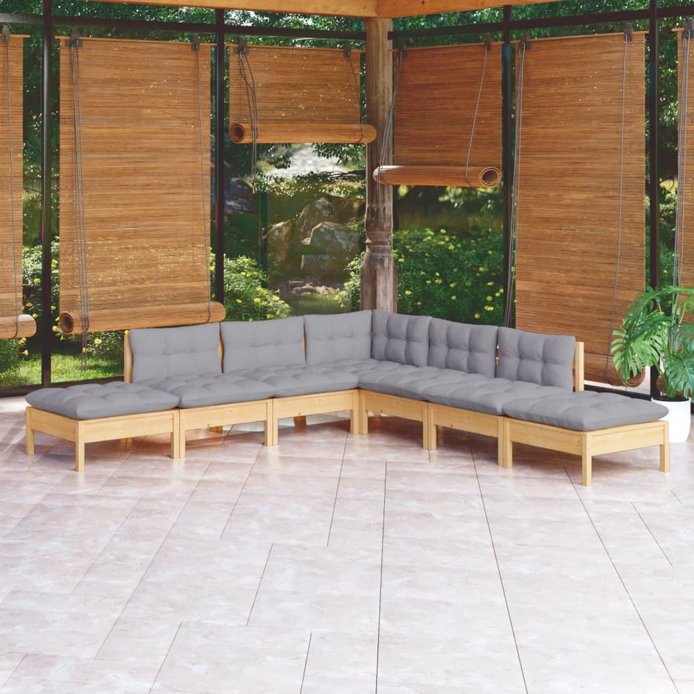 vidaXL Salon de jardin 7 pcs avec coussins gris Bois de pin