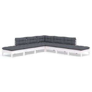7-tlg. Garten-Lounge-Set mit Kissen Weiß Kiefernholz