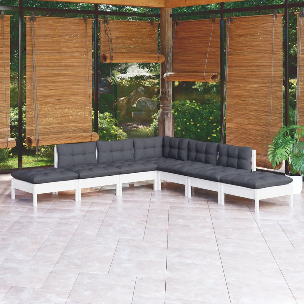 vidaXL Salon de jardin 7 pcs avec coussins Bois de pin Blanc