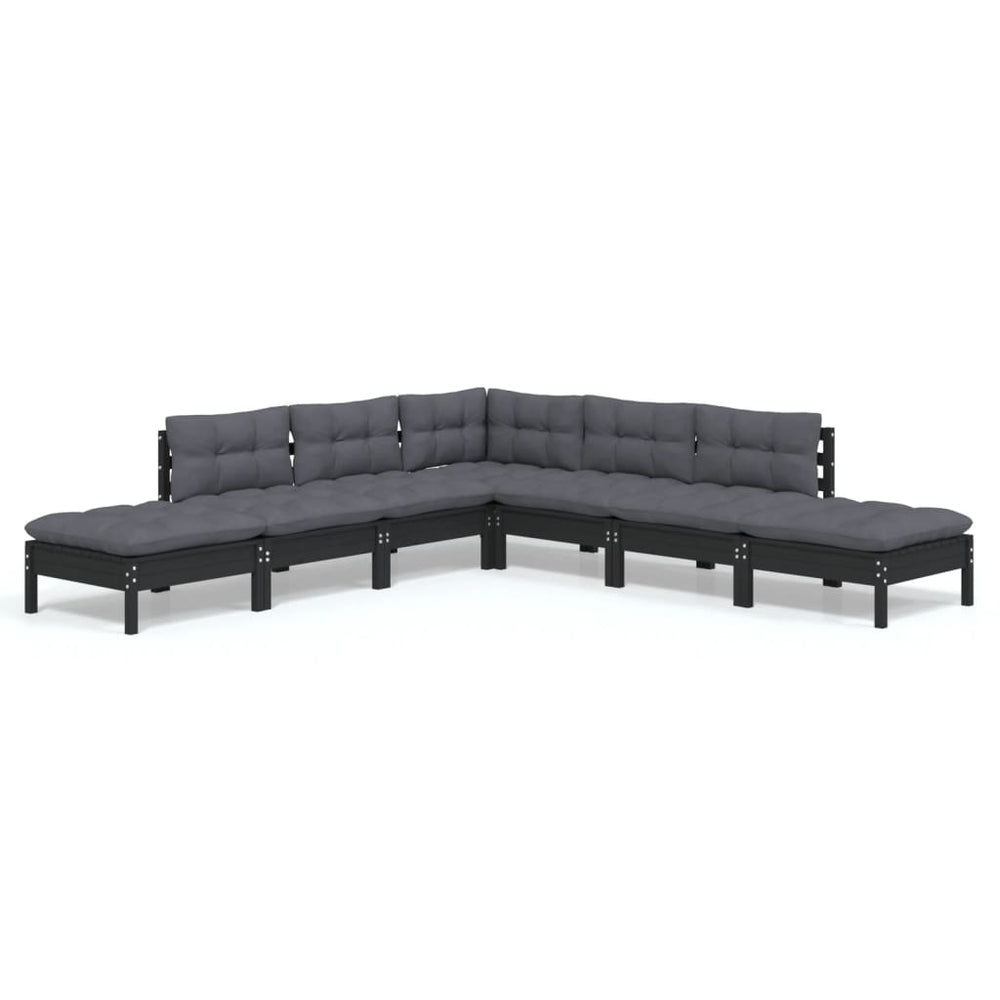 vidaXL Salon de jardin 7 pièces avec coussins Noir Bois de pin