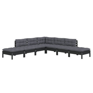 7-tlg. Garten-Lounge-Set mit Kissen Schwarz Kiefernholz
