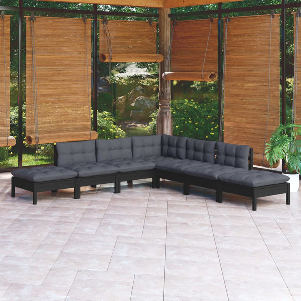 7-tlg. Garten-Lounge-Set mit Kissen Schwarz Kiefernholz