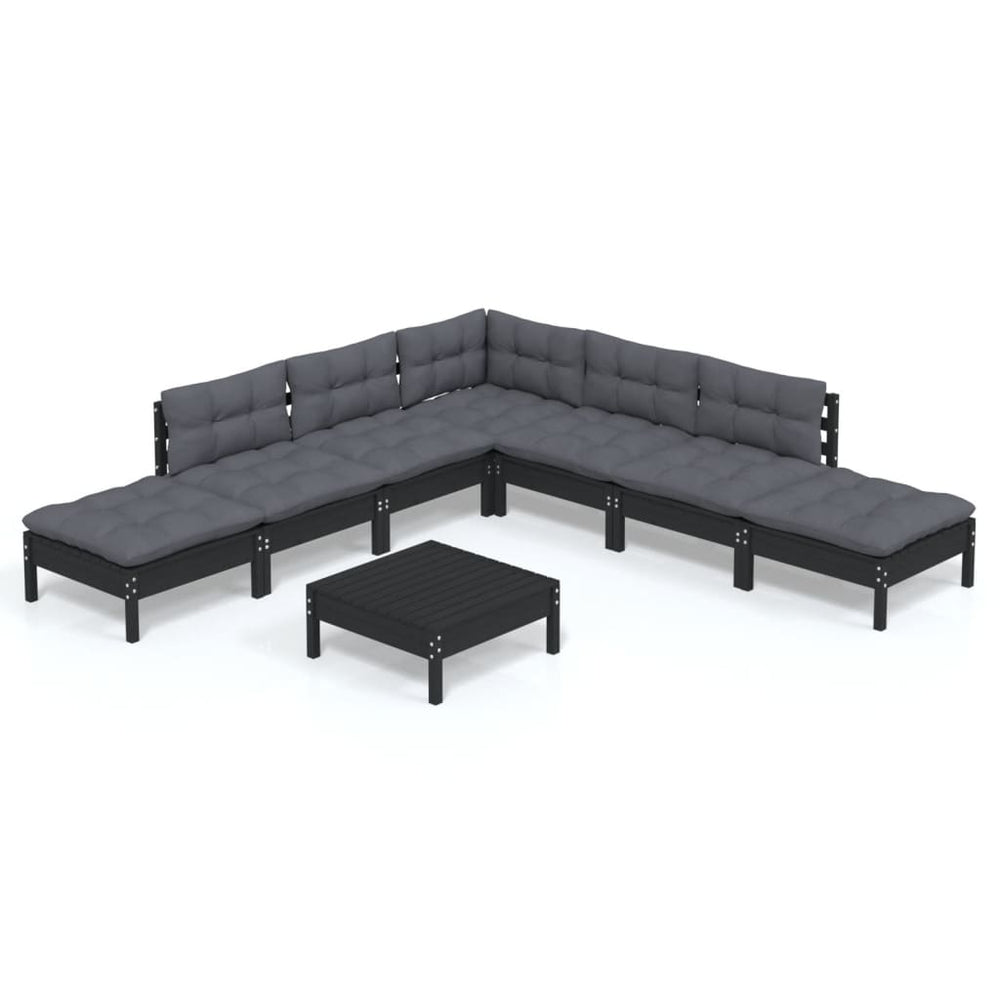 vidaXL Salon de jardin 8 pièces avec coussins Noir Bois de pin