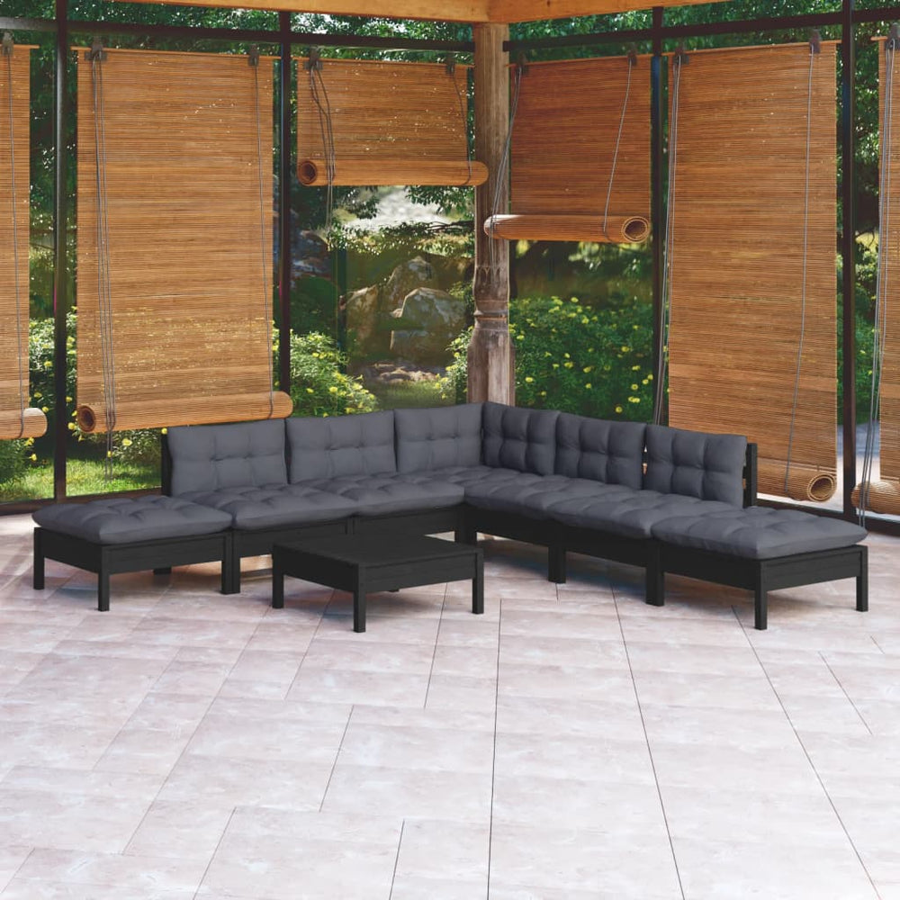 vidaXL Salon de jardin 8 pièces avec coussins Noir Bois de pin