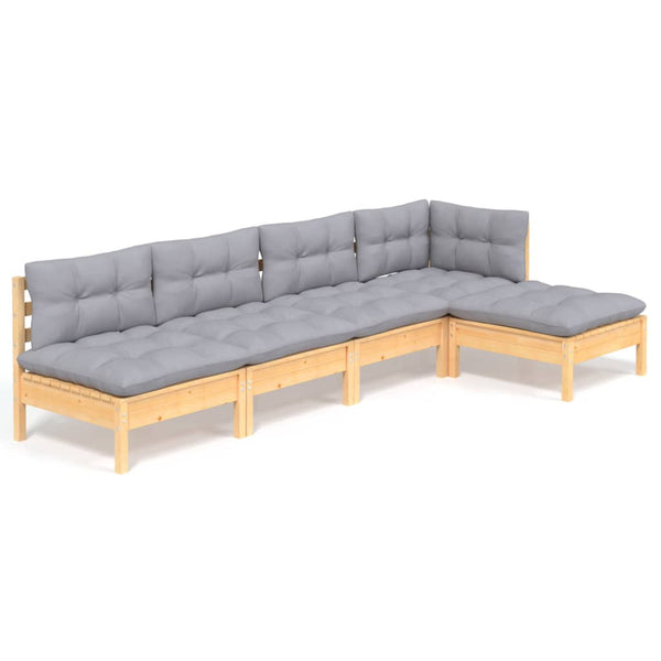 5-tlg. Garten-Lounge-Set mit Grauen Kissen Kiefernholz