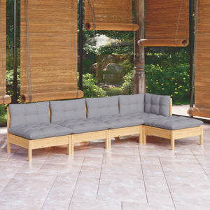 5-tlg. Garten-Lounge-Set mit Grauen Kissen Kiefernholz