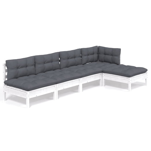 5-tlg. Garten-Lounge-Set mit Kissen Weiß Kiefernholz