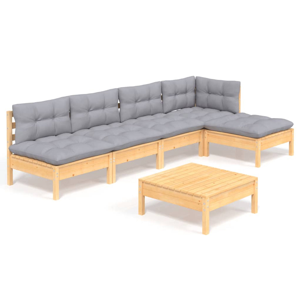 vidaXL Salon de jardin 6 pcs avec coussins gris Bois de pin