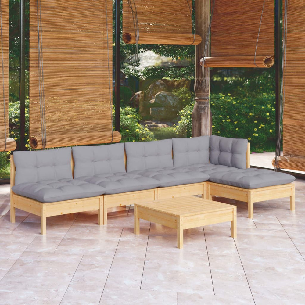 vidaXL Salon de jardin 6 pcs avec coussins gris Bois de pin