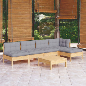 6-tlg. Garten-Lounge-Set mit Grauen Kissen Kiefernholz
