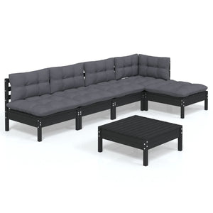 6-tlg. Garten-Lounge-Set mit Kissen Schwarz Kiefernholz