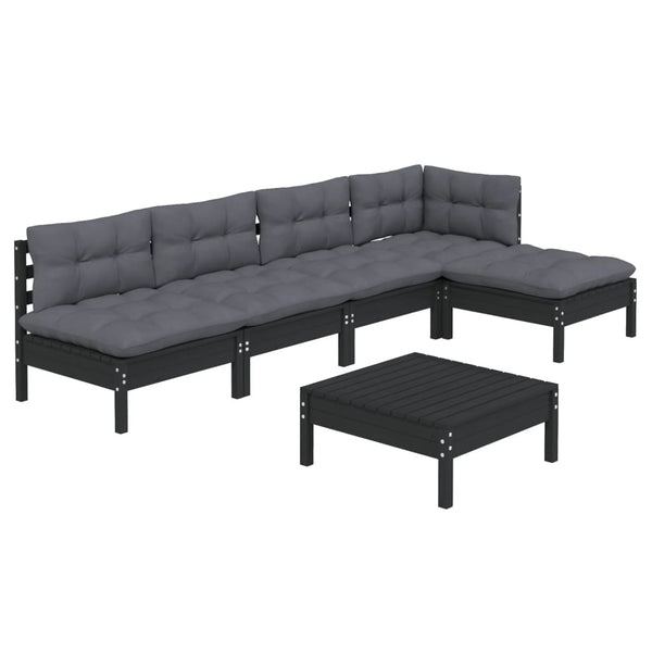 6-tlg. Garten-Lounge-Set mit Kissen Schwarz Kiefernholz