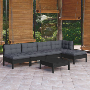 6-tlg. Garten-Lounge-Set mit Kissen Schwarz Kiefernholz