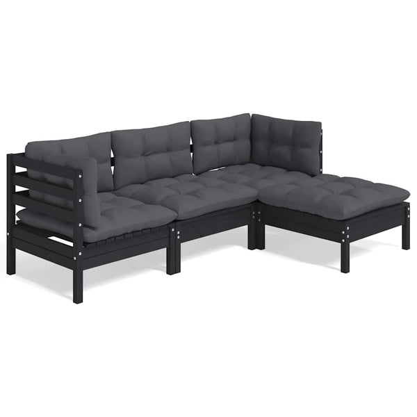 4-tlg. Garten-Lounge-Set mit Kissen Schwarz Kiefernholz
