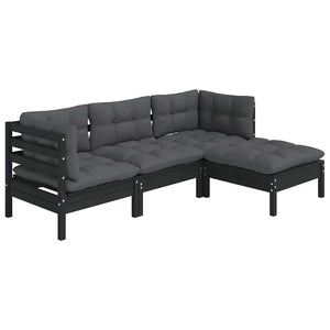 4-tlg. Garten-Lounge-Set mit Kissen Schwarz Kiefernholz