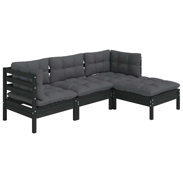 4-tlg. Garten-Lounge-Set mit Kissen Schwarz Kiefernholz