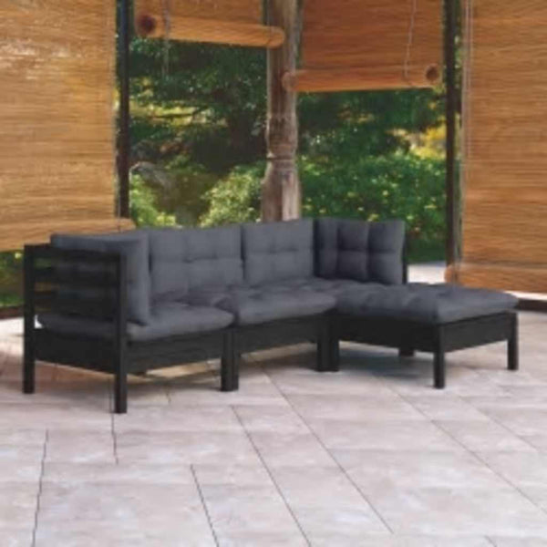 4-tlg. Garten-Lounge-Set mit Kissen Schwarz Kiefernholz