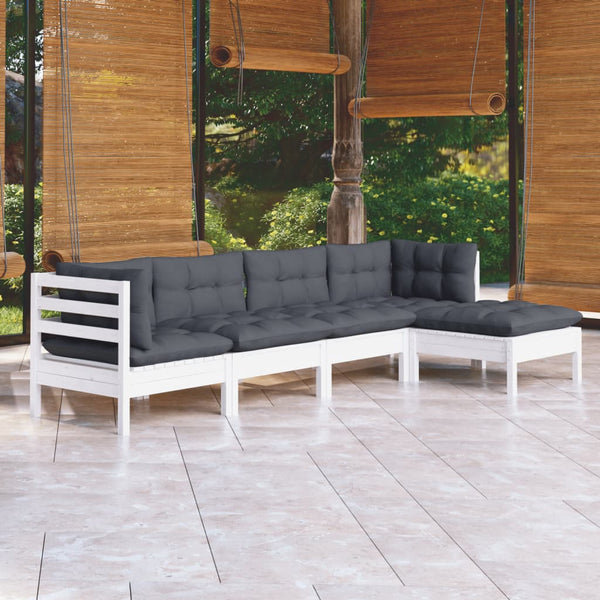 5-tlg. Garten-Lounge-Set mit Kissen Weiß Kiefernholz