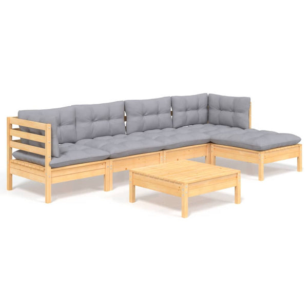 6-tlg. Garten-Lounge-Set mit Grauen Kissen Kiefernholz