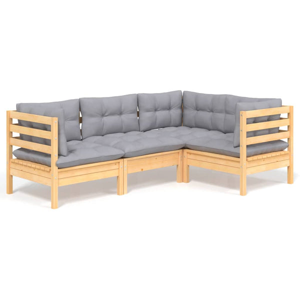 4-tlg. Garten-Lounge-Set mit Grauen Kissen Kiefernholz