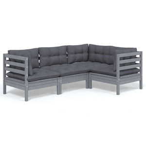 4-tlg. Garten-Lounge-Set mit Kissen Grau Kiefernholz