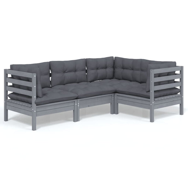 4-tlg. Garten-Lounge-Set mit Kissen Grau Kiefernholz