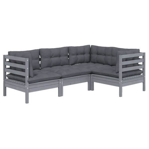4-tlg. Garten-Lounge-Set mit Kissen Grau Kiefernholz
